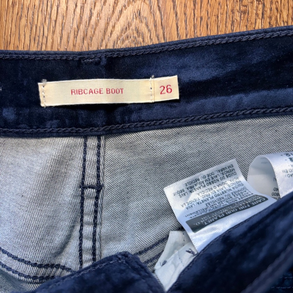 Levis Ribcage Bootcut Navy Blue Velour High Rise Flare Pants Womens 26x30 Boho - Picture 3 of 14